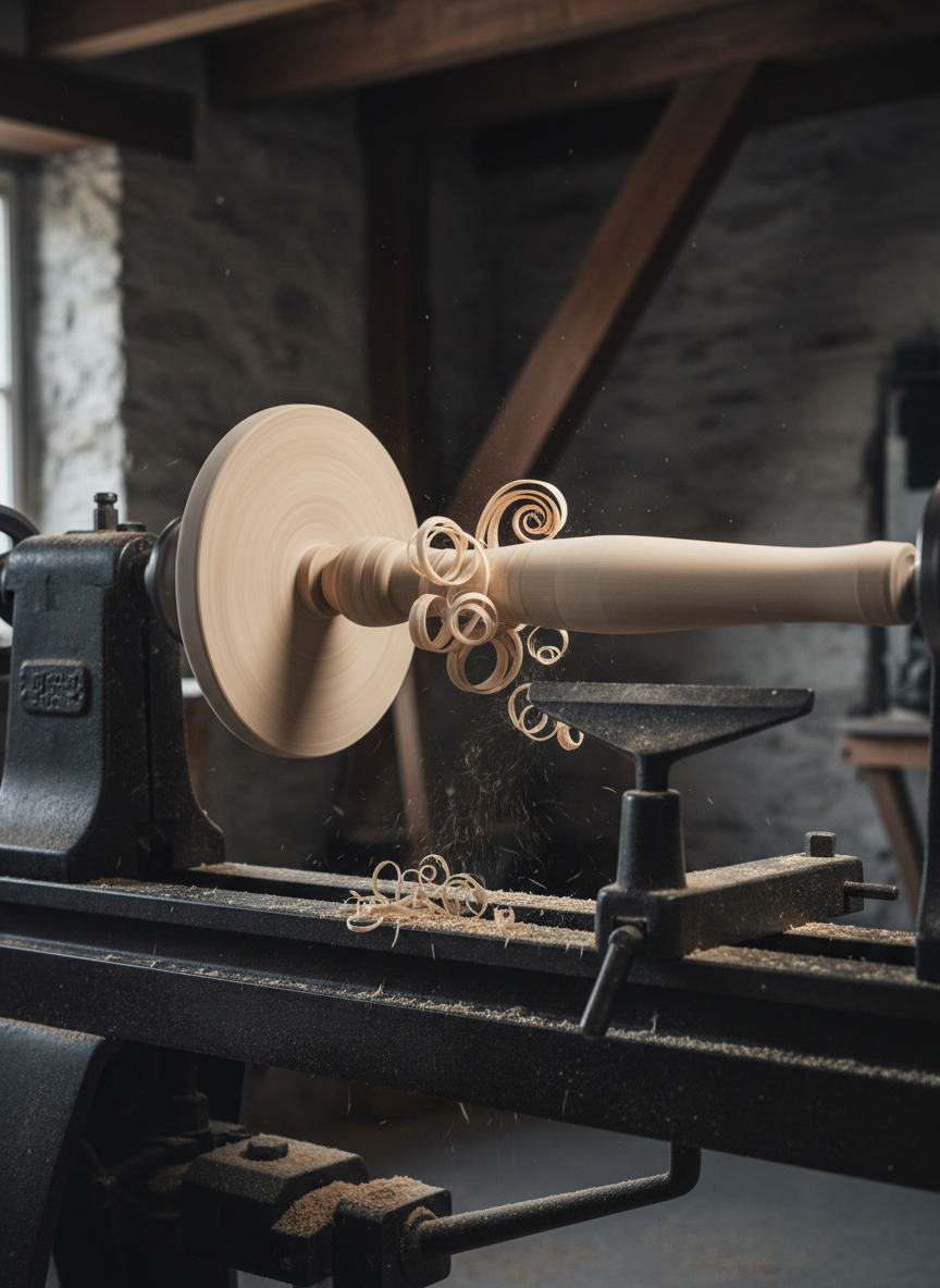 An unfinished spindle of pale beech wood mounted on a traditional wood lathe, captured mid-turning, with delicate spirals of fresh shavings curling away. The lathe bed is aged but well-maintained cast iron, lightly dusted with fine sawdust. The setting is an artisanal workshop in Saint-Léger-la-Montagne, suggested by stone walls and rustic beams softly blurred in the background. Directional side lighting from a nearby window creates a dramatic play of highlights and shadows along the spinning wood. Photographic, slightly elevated angle, with a dynamic, focused composition that conveys precision, movement, and refined craftsmanship without showing any human presence.