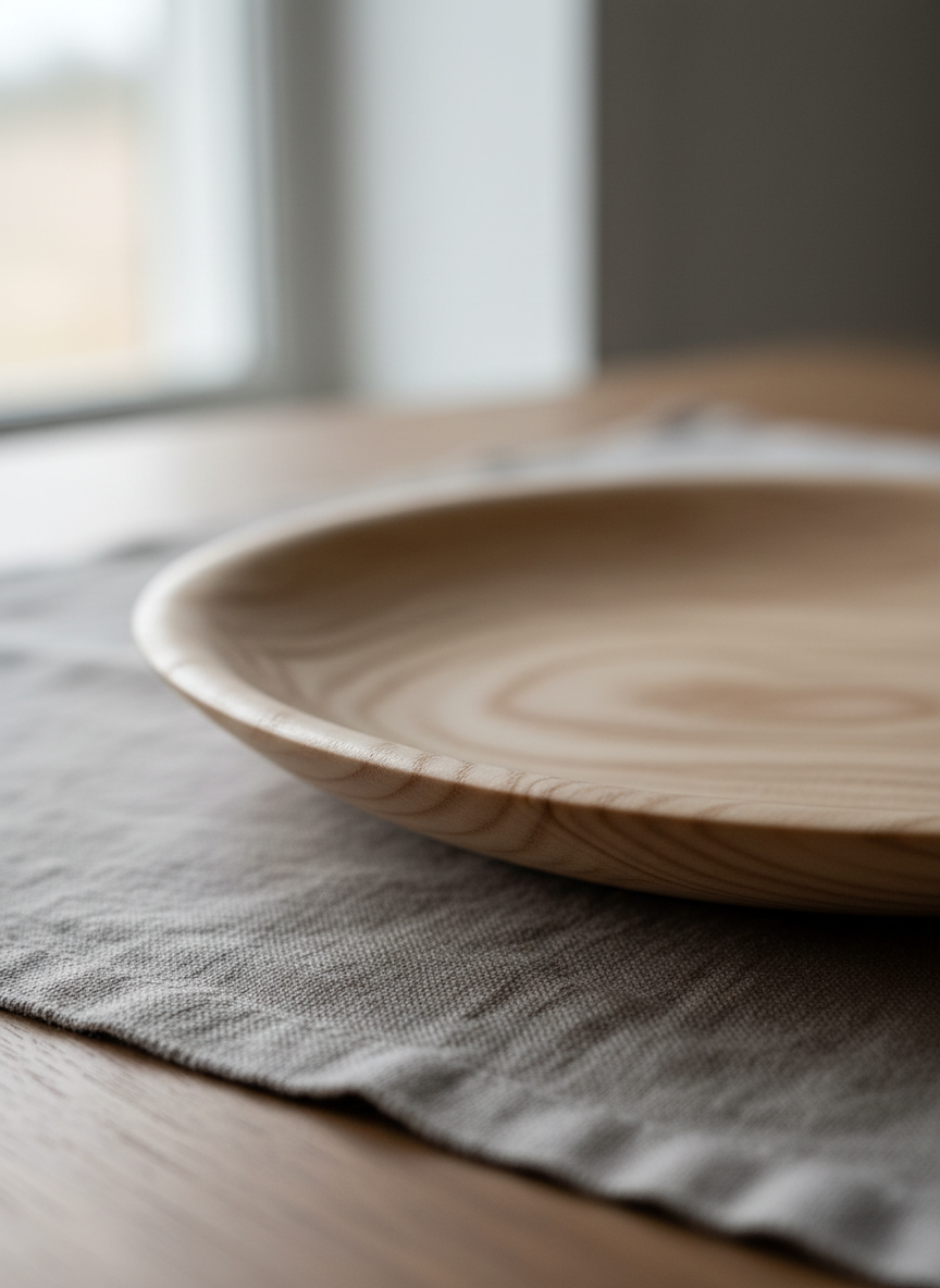 A close-up, macro-style photograph of a turned wooden platter in ash, focusing on the silky-smooth rim where the fine end grain transitions into sweeping side grain. The surface reveals tight, concentric tool marks polished to a satin sheen, with the slightest undulation that hints at hand craftsmanship. The platter rests on a subdued linen cloth in muted grey, atop a minimal wooden surface. Soft, overcast natural light from one side creates gentle gradients and emphasizes the texture without harsh reflections. Photographic, ultra-detailed realism with an extremely shallow depth of field, the foreground rim in perfect focus while the center and background dissolve into a luxurious, creamy blur, evoking quiet refinement.