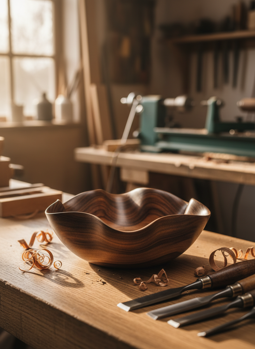 A meticulously turned wooden bowl in rich walnut, its surface satin-smooth and subtly reflecting light, rests on a finely grained oak workbench. The bowl’s elegant, flowing profile and perfectly concentric rings showcase masterful woodturning craftsmanship. Around it lie a few refined wood shavings and neatly arranged chisels. Soft afternoon light enters from an unseen workshop window, casting gentle, elongated shadows and highlighting the natural variations in the wood. Photographic realism, captured at eye level with a shallow depth of field, keeping the bowl in razor-sharp focus while the background of an artisanal woodturning atelier fades into a warm, sophisticated blur.