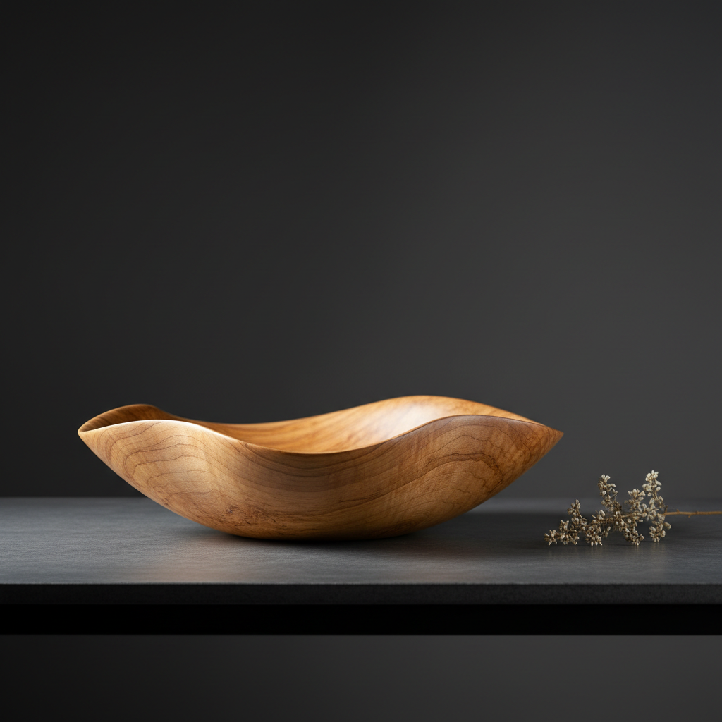 A refined, hero-style image of a signature Optitourneur wooden centerpiece: a large, shallow, sculptural bowl made from figured maple, with shimmering chatoyance and a flawlessly flowing profile. The bowl is placed on a minimalist, dark stone tabletop, with only a single sprig of dried foliage nearby to suggest scale and use. Background is deep, softly blurred charcoal grey, free of distractions. A controlled studio key light from the upper left creates a luminous highlight along the rim and subtle reflections inside the bowl, while a weaker fill light preserves detail in the shadows. Photographic, high-resolution realism, shot from a low, three-quarter angle to enhance presence and sophistication, ideal for a homepage banner.