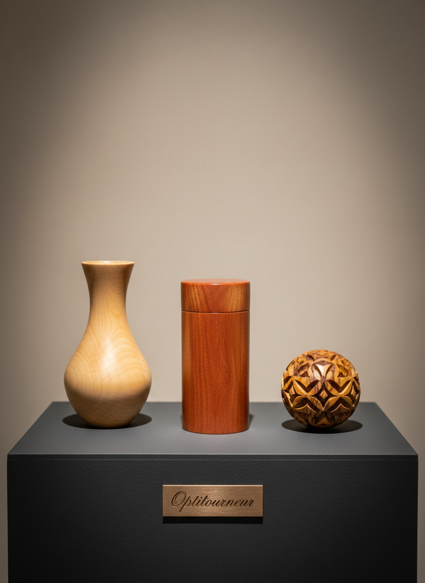 A curated display of finished wooden objects from Optitourneur arranged on a dark, matte pedestal: a slender lidded box in cherry wood, a gracefully flared maple vase, and a small, intricate decorative sphere in olive wood. Each piece reveals fine grain patterns, crisp details, and a subtle hand-rubbed oil finish. The background is a softly lit, neutral-toned wall, suggesting a sophisticated gallery space rather than a workshop. Gentle, diffused spotlighting from above creates polished highlights and soft shadows that separate each object. Photographic realism, frontal composition with generous negative space and a shallow depth of field, conveying elegance, restraint, and high-end artisanal quality.