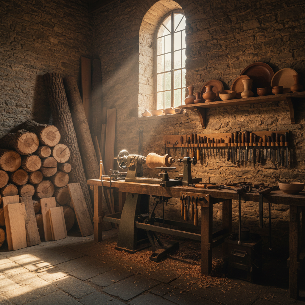 An atmospheric view of an artisanal woodturning workshop near Saint-Léger-la-Montagne, centered on a classic wood lathe surrounded by organized tools and stacks of seasoned logs. Several finished wooden bowls and vases sit on a nearby shelf, their varied tones of oak, walnut, and cherry standing out against the stone wall. Golden hour sunlight filters through a high window, catching floating dust particles and creating warm beams that fall across the lathe and bench. Photographic realism, wide-angle lens at eye level, with a balanced, slightly asymmetrical composition that leads the eye from raw timber to refined objects, suggesting a journey of transformation and timeless savoir-faire.
